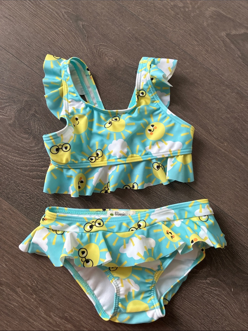 Kids Sun Emoji Ruffle Bikini - Yellow & Aqua